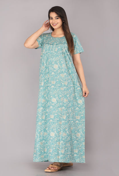 Berries Sea Green Cotton Printed Nightwear Gowns