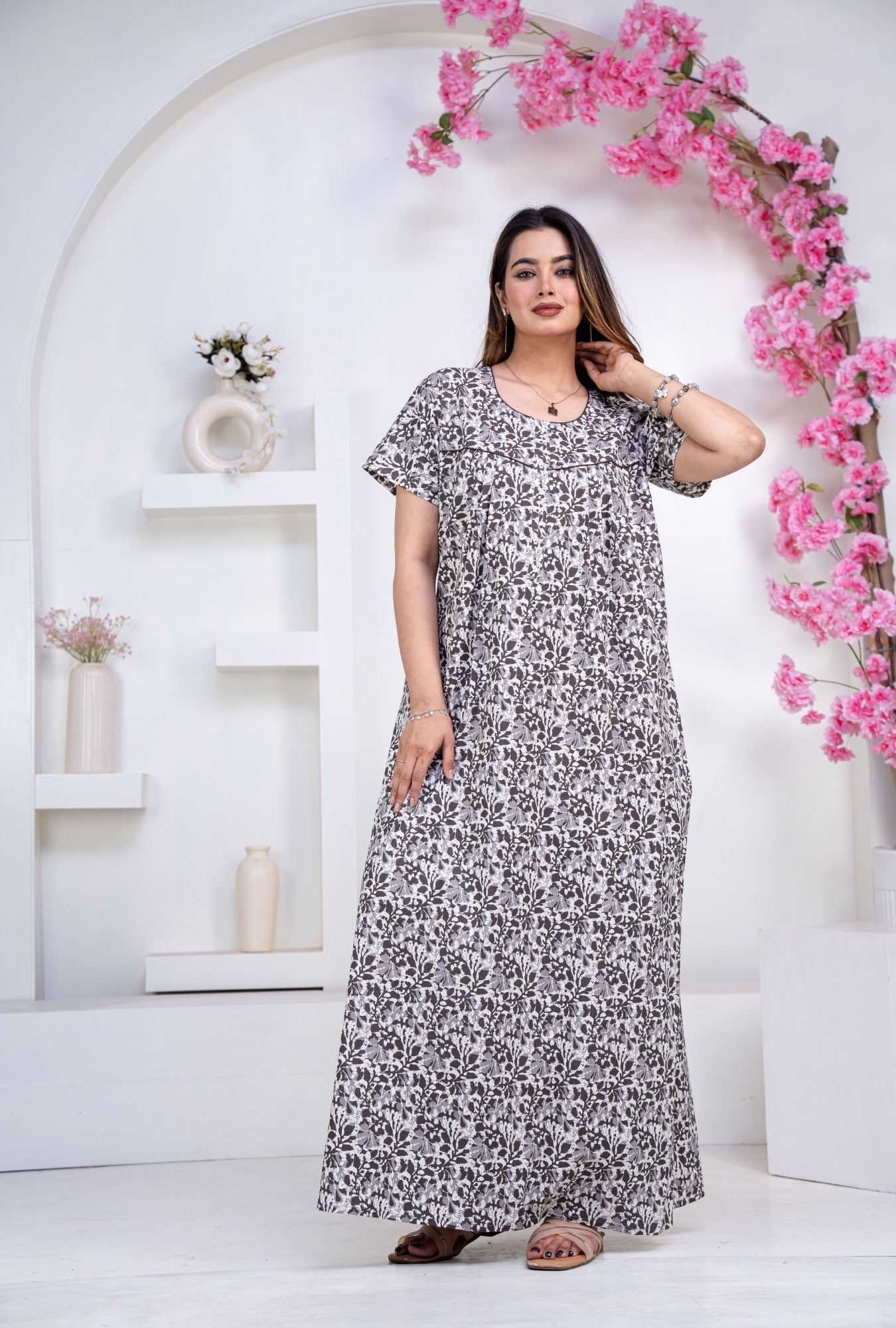 Batik Flower Grey Cotton Printed Nightwear Gowns