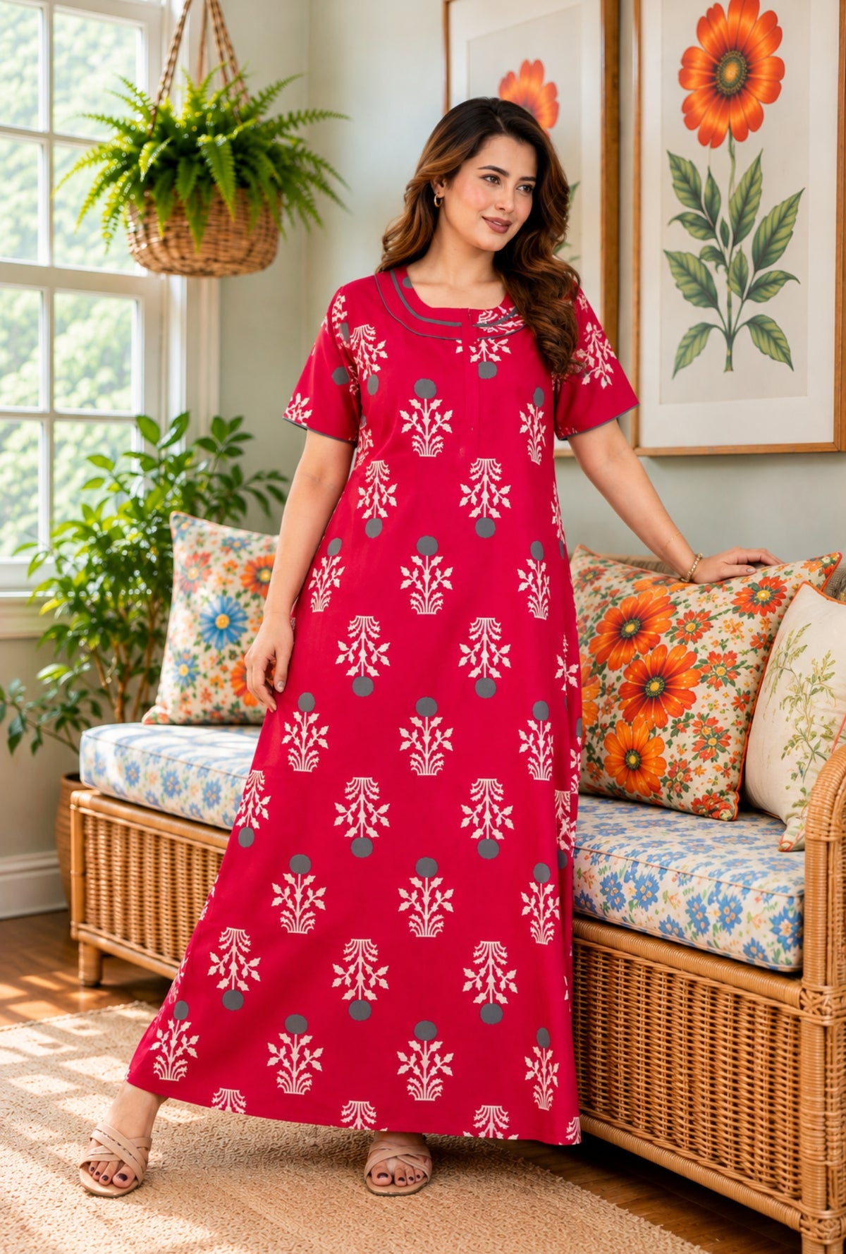 Imperial Bloom Royal Pink Printed Cotton Night Gown