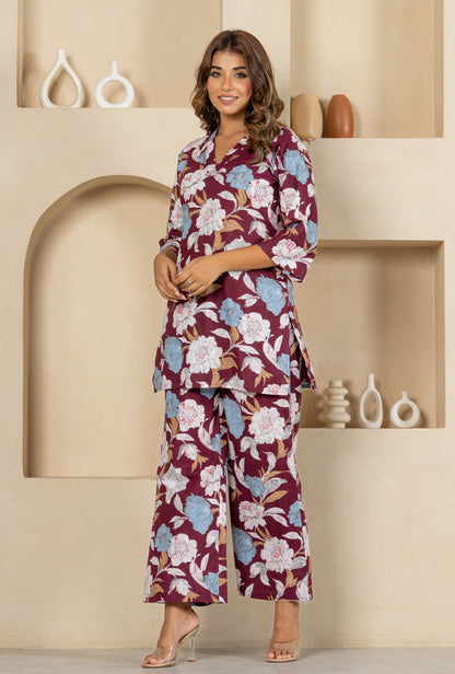 Orchid Oasis Wine Cotton Loungewear Co-ords Set