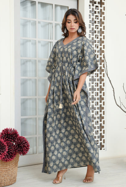 Indus Valley Grey Printed Cotton Loungewear Kaftan