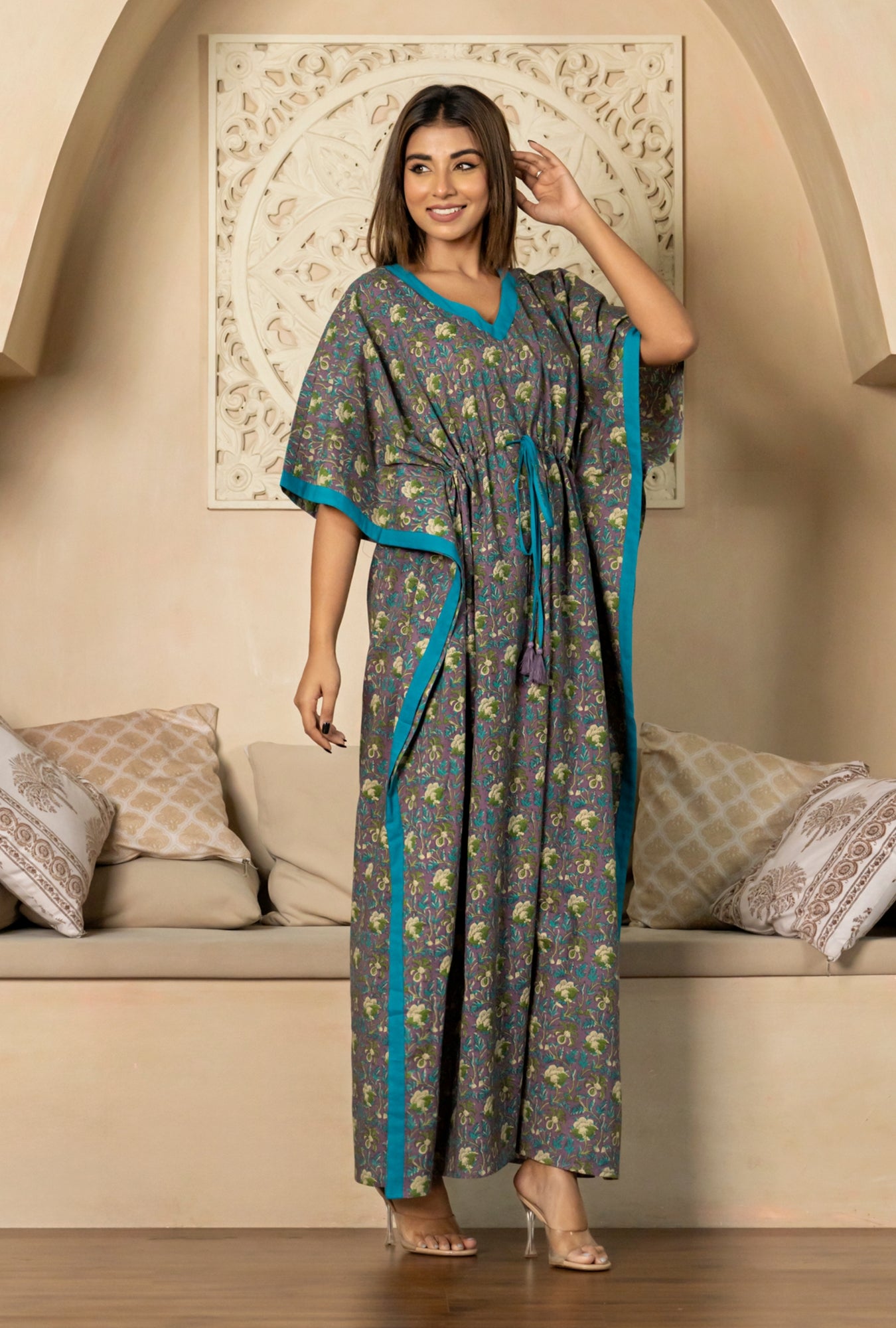 Serene Pattern Purple Cotton Loungewear Kaftan