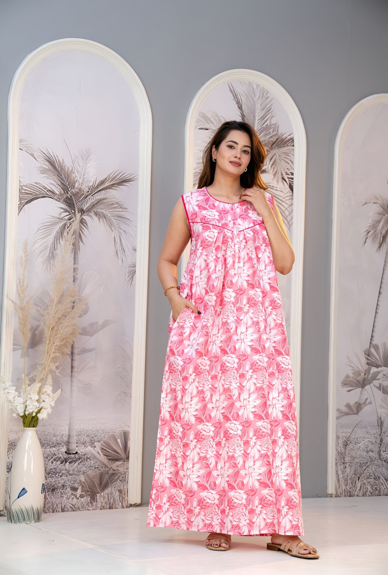 Petal Crush Pink Sleeveless Cotton Night Gown