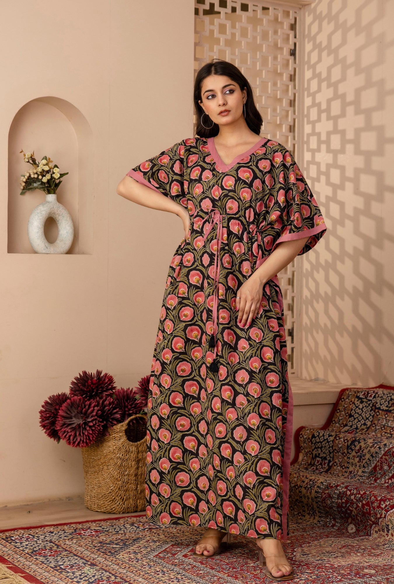 Neo Ethnic Black Printed Cotton Loungewear Kaftan