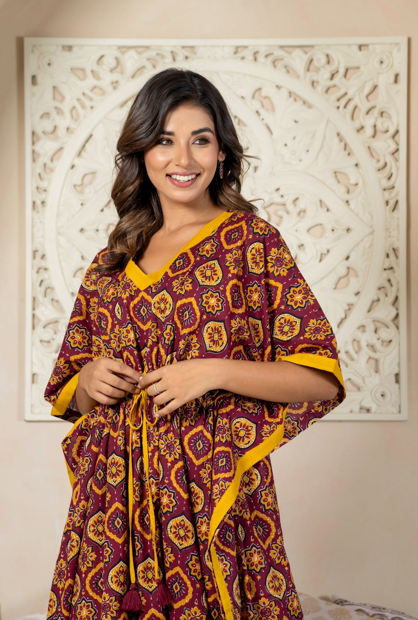 Maharani Motif Maroon Cotton Loungewear Kaftan