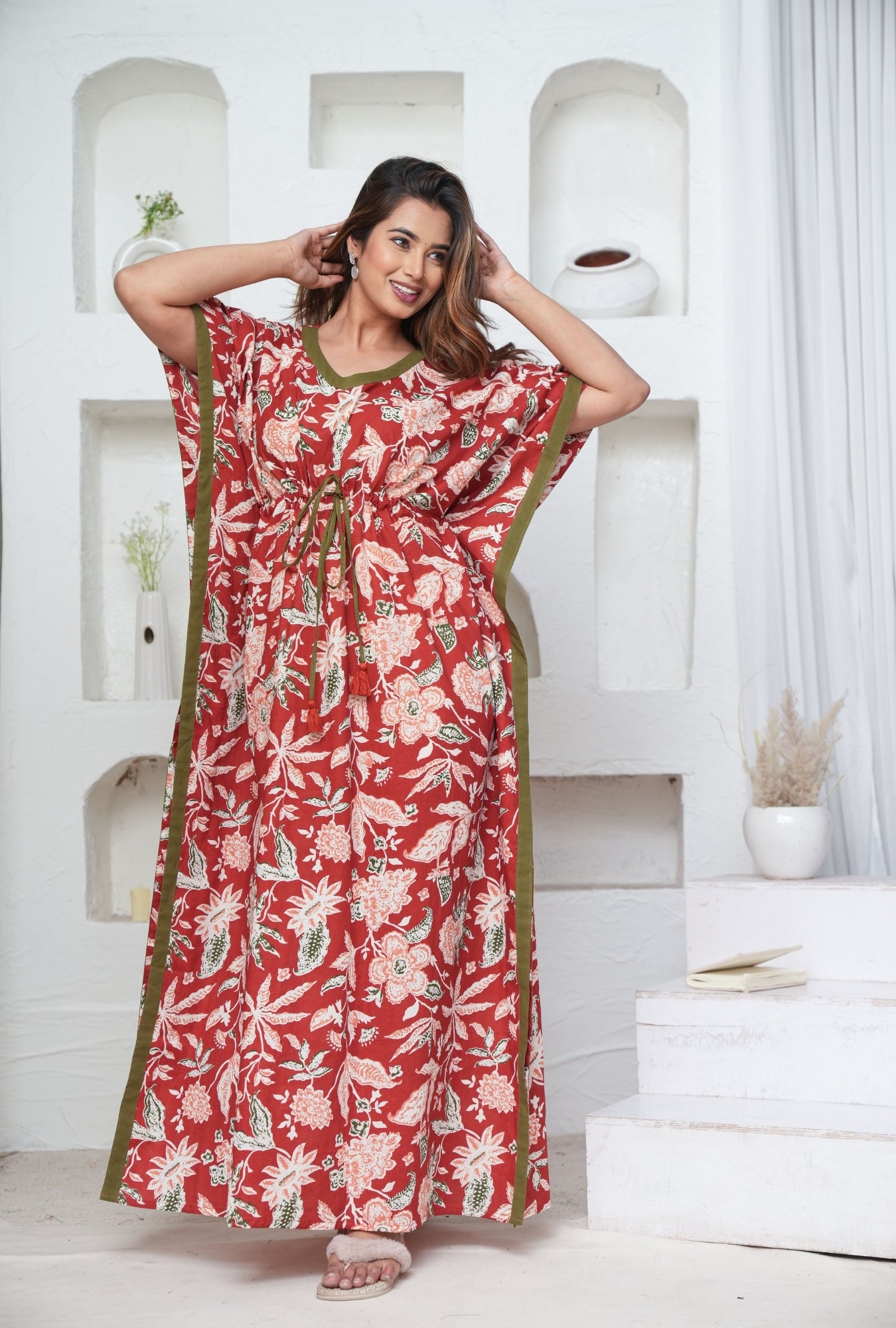 Marigold Red Loungewear Cotton Kaftan