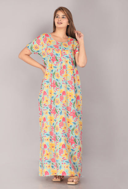 Marine Sea Green Cotton Printed Nightwear Gowns