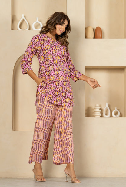 Shadow Bloom Maroon Print Cotton Loungewear set