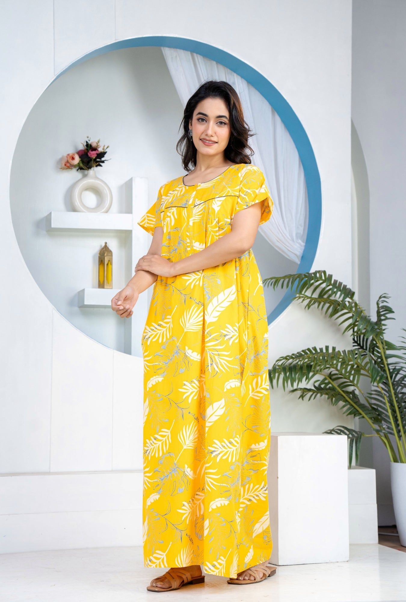 Plum Leaf Yellow Cotton Printed Nightwear Gowns