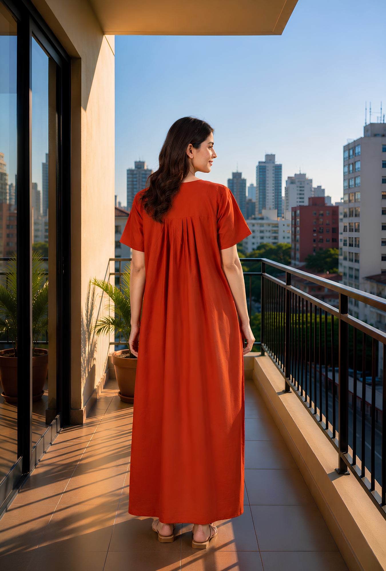Crimson Bloom Rust Embroidery Yoke Cotton Night Gown