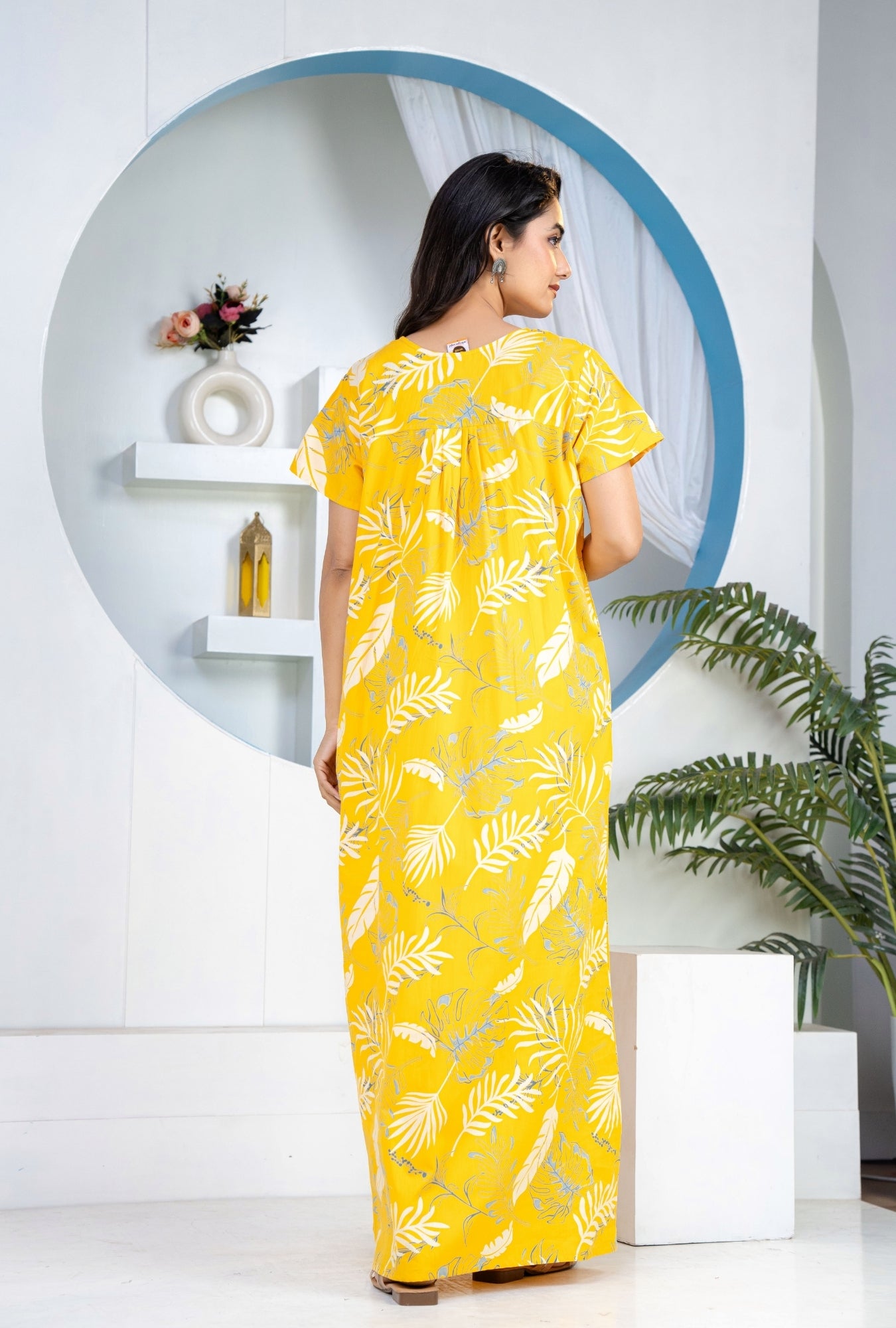 Plum Leaf Yellow Cotton Printed Nightwear Gowns