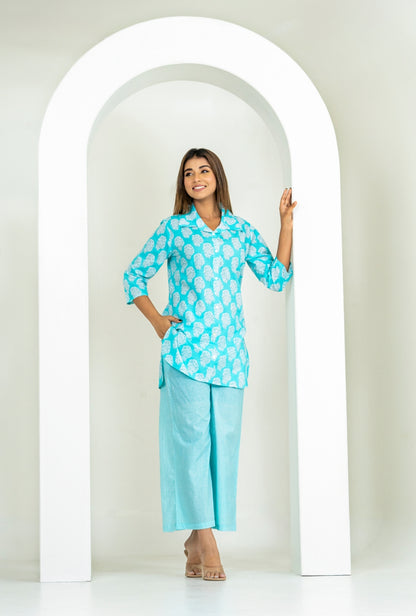 Bell Buta Sea Green Cotton Loungewear Co-ords Set