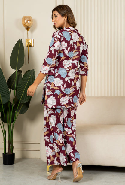 Orchid Oasis Wine Cotton Loungewear Co-ords Set