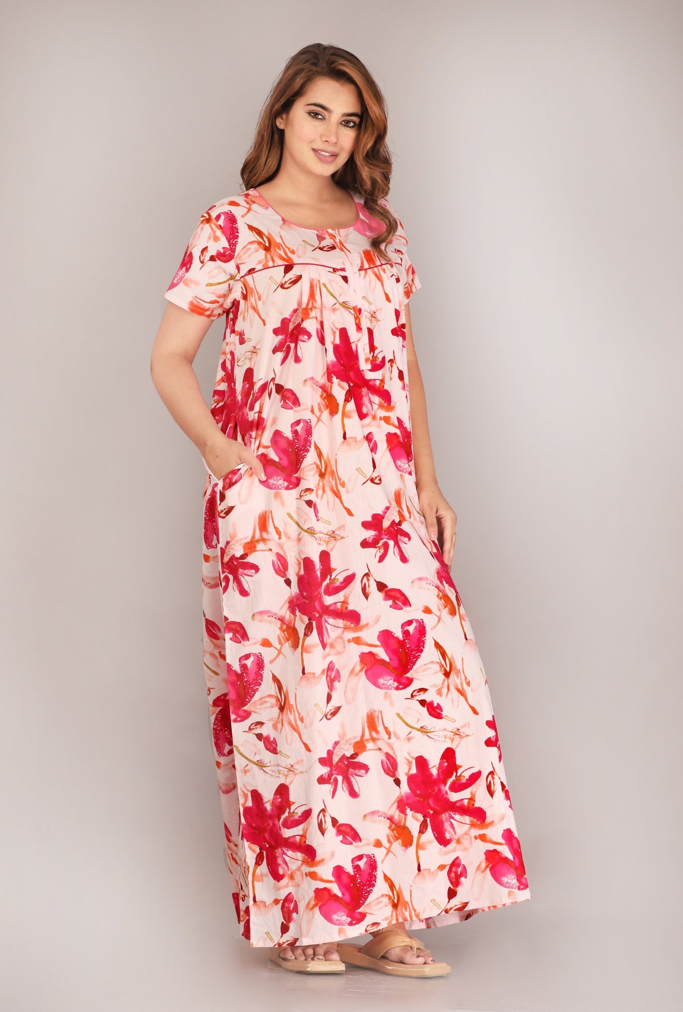 Spray Flower Pink Cotton Printed Nightwear Gowns