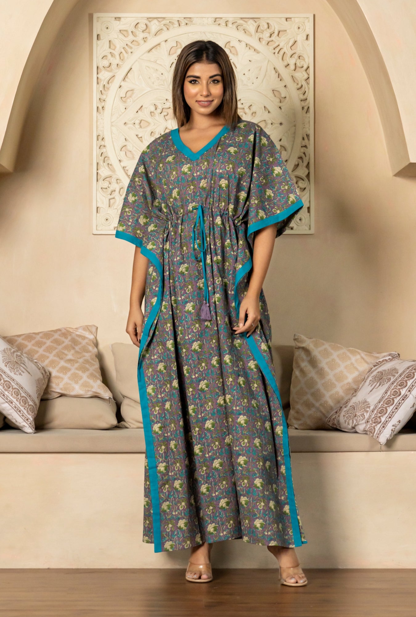 Serene Pattern Purple Cotton Loungewear Kaftan