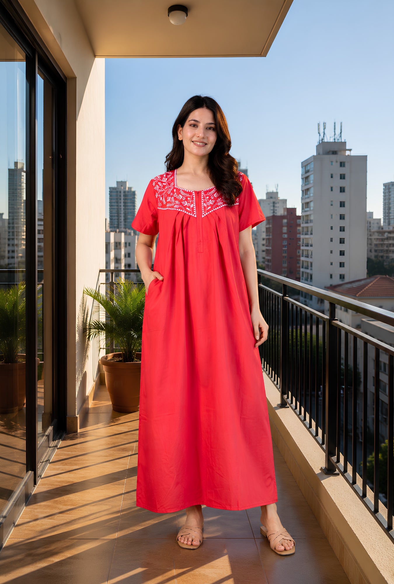 Crimson Bloom Red Embroidery Yoke Cotton Night Gown