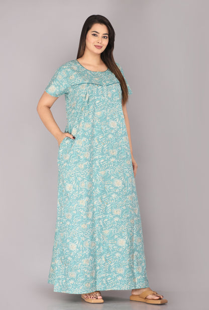 Berries Sea Green Cotton Printed Nightwear Gowns