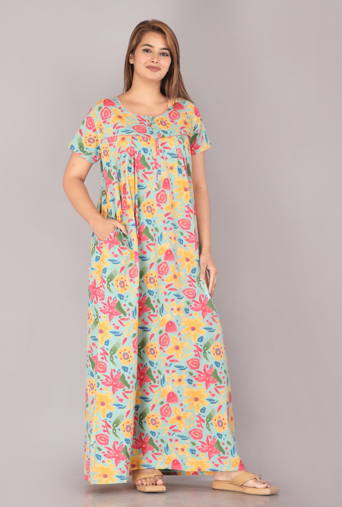 Marine Sea Green Cotton Printed Nightwear Gowns