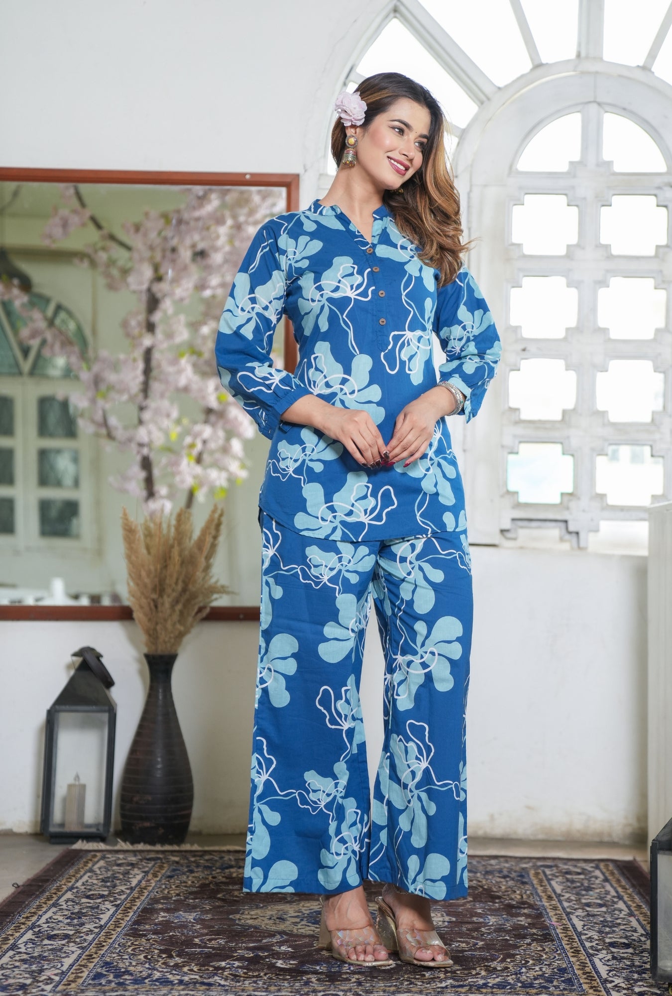 GeoLuxe Sky Blue Printed Cotton Co-ords Set
