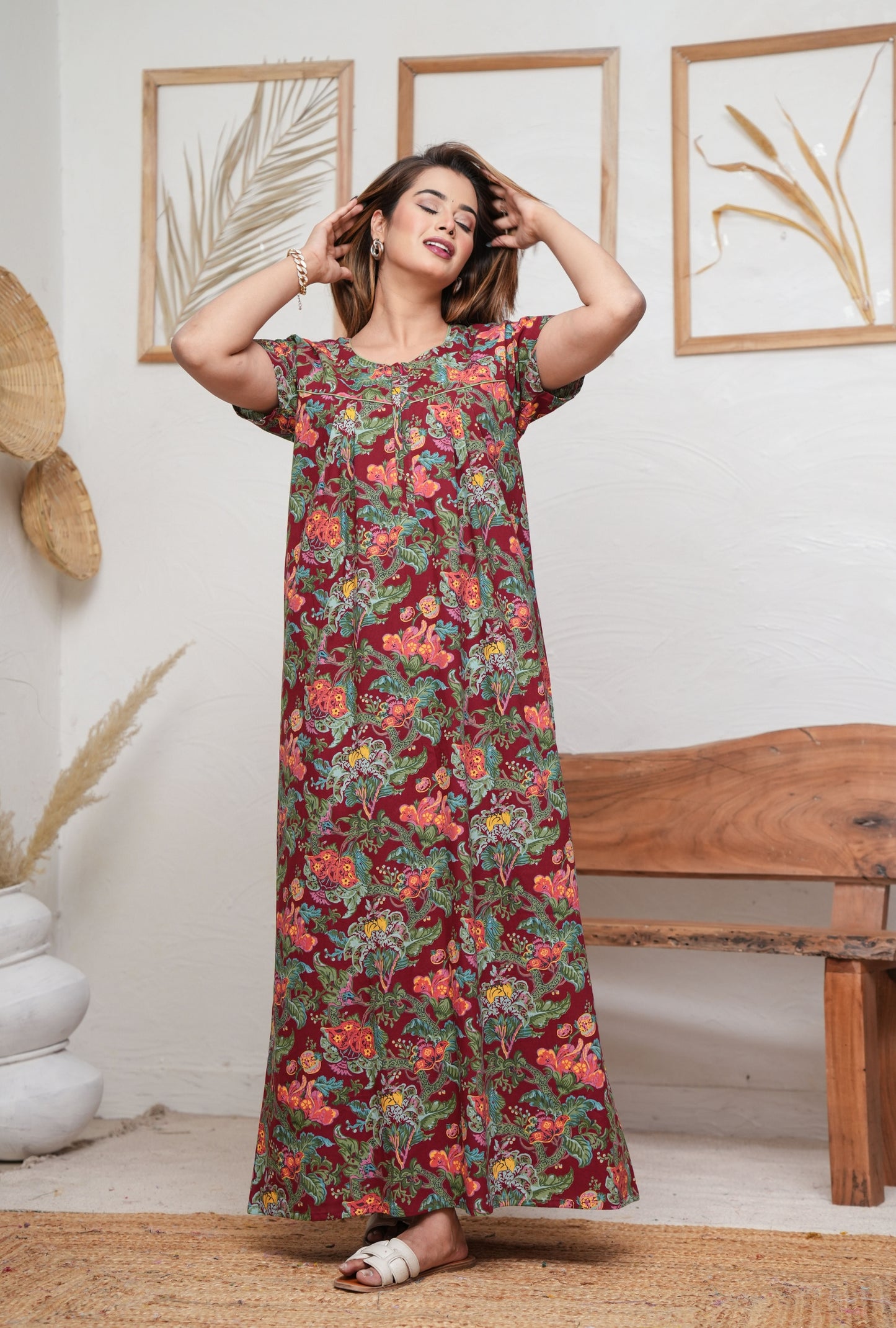 Palaash Maroon Cotton Printed Nightwear Gowns