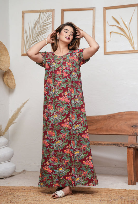Palaash Maroon Cotton Printed Nightwear Gowns