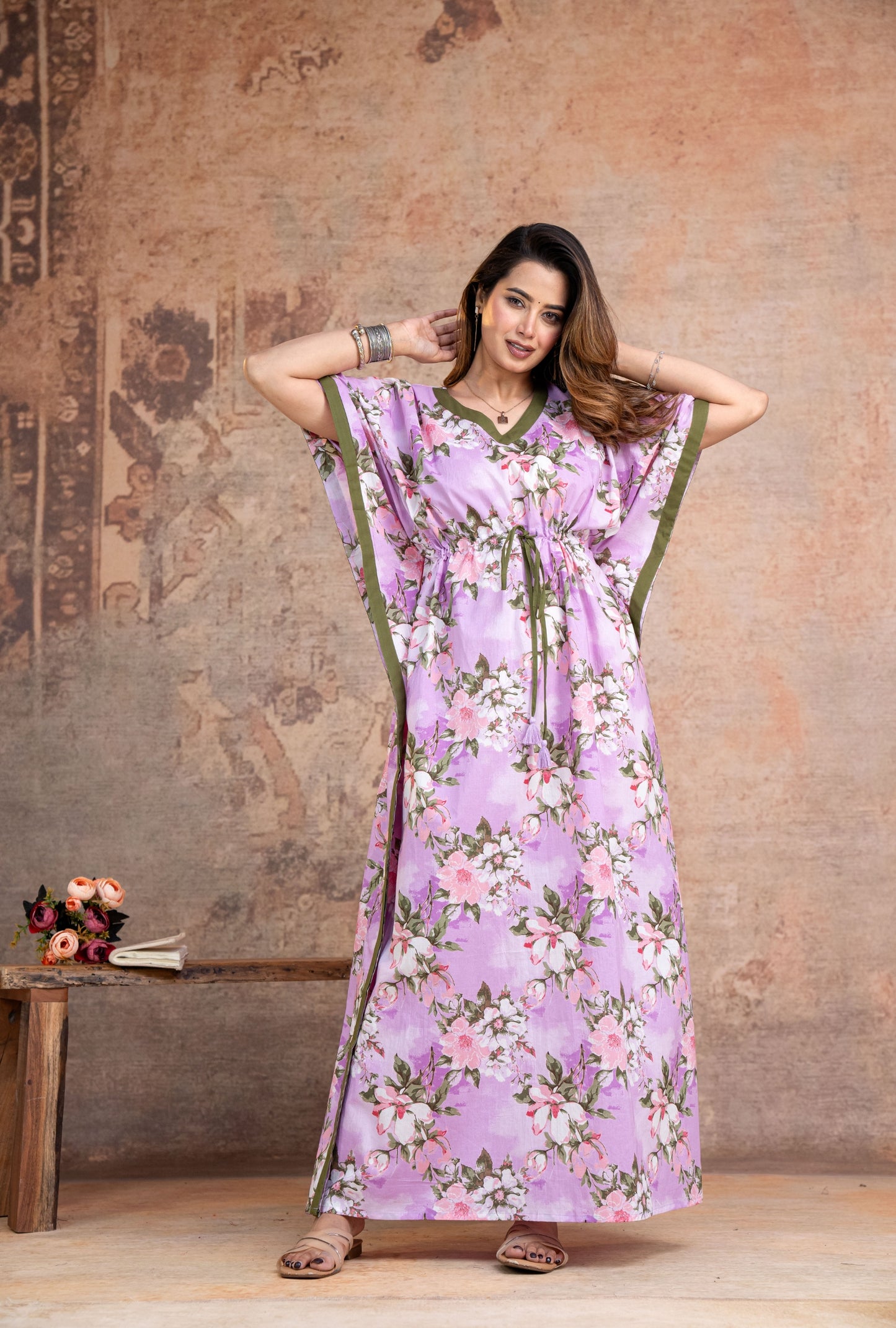 Blossom Flower Purple Loungewear Cotton Kaftan