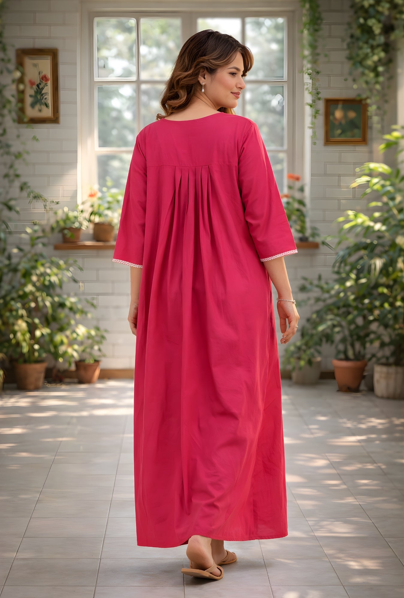 Fuchsia Pink Floral Embroidey Yoke Cotton Night Gown