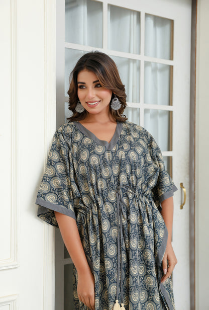 Indus Valley Grey Printed Cotton Loungewear Kaftan