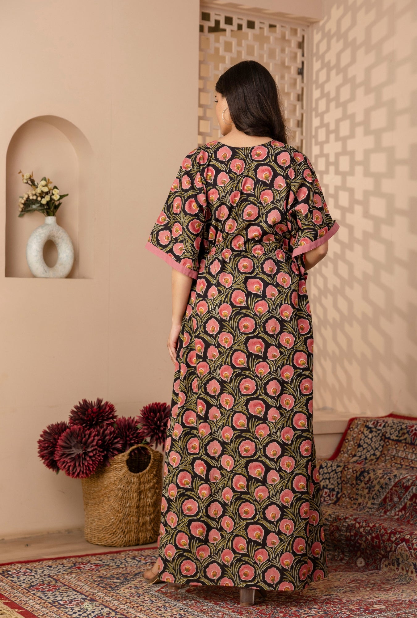 Neo Ethnic Black Printed Cotton Loungewear Kaftan