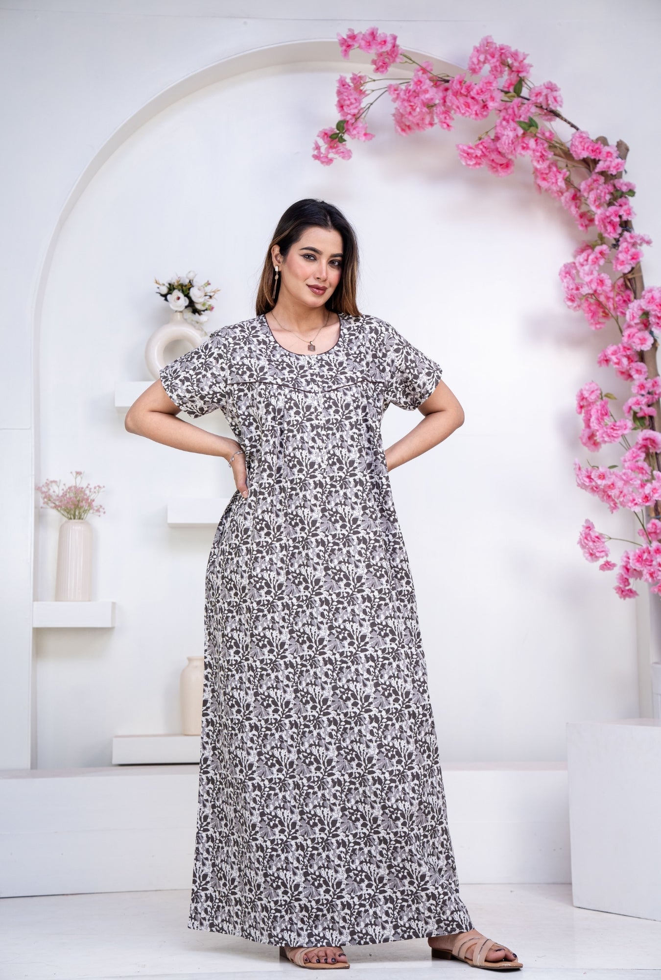 Batik Flower Grey Cotton Printed Nightwear Gowns