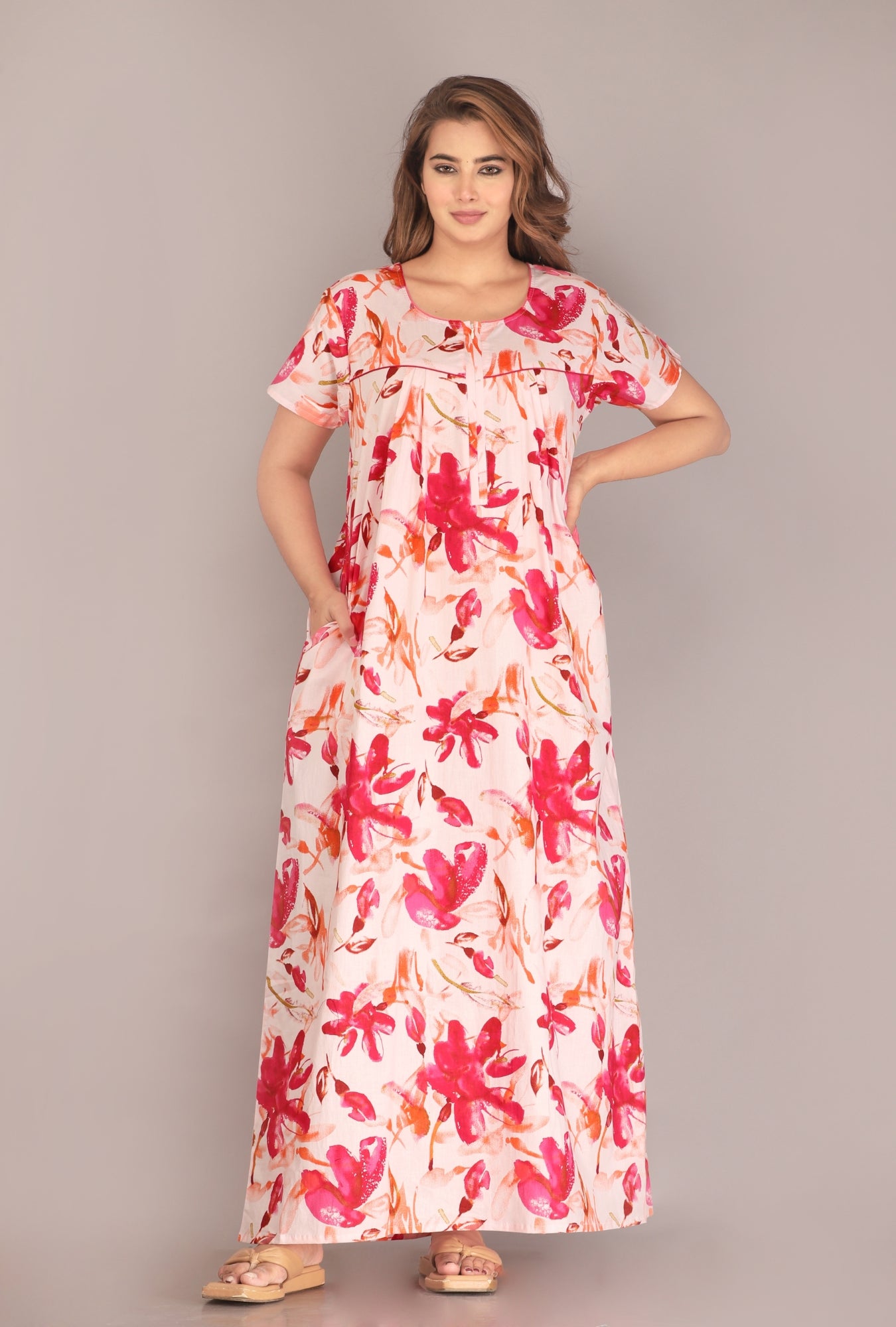 Spray Flower Pink Cotton Printed Nightwear Gowns