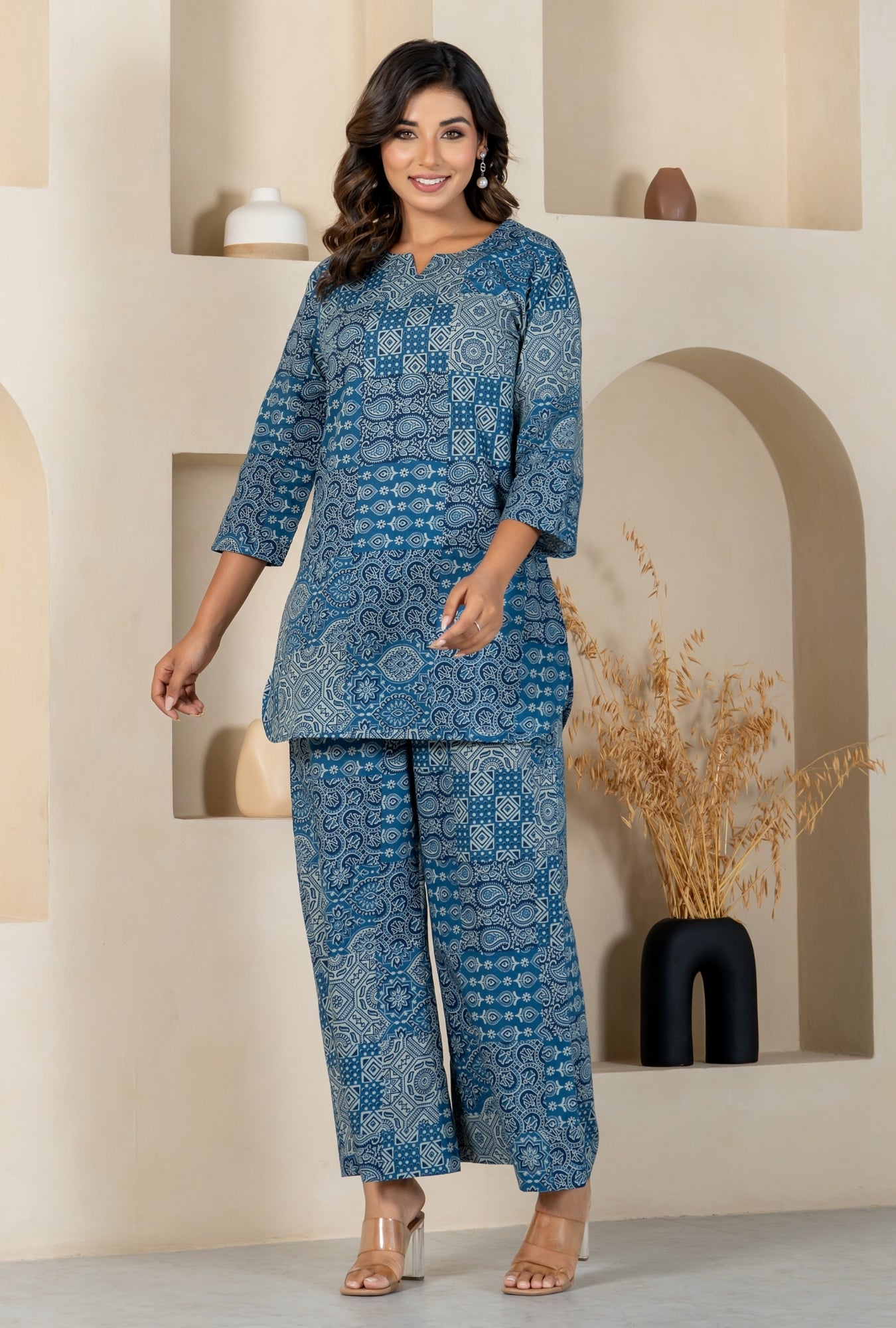 Blue Patchwork print Cotton Loungewear set