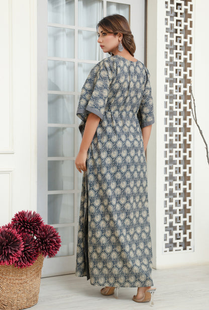 Indus Valley Grey Printed Cotton Loungewear Kaftan