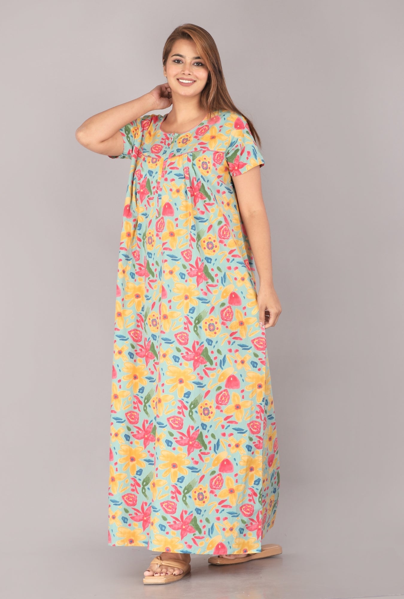 Marine Sea Green Cotton Printed Nightwear Gowns