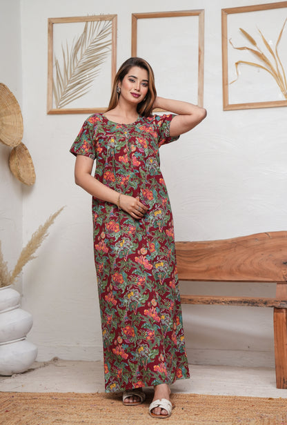 Palaash Maroon Cotton Printed Nightwear Gowns