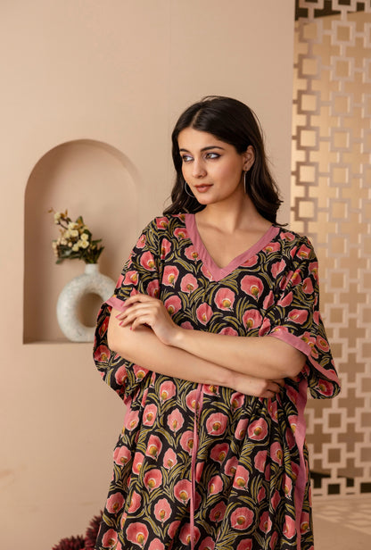 Neo Ethnic Black Printed Cotton Loungewear Kaftan