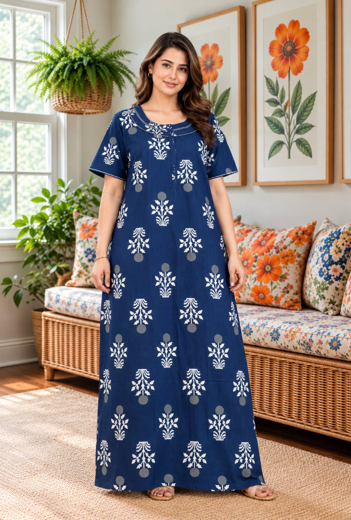 Imperial Bloom Blue Printed Cotton Night Gown