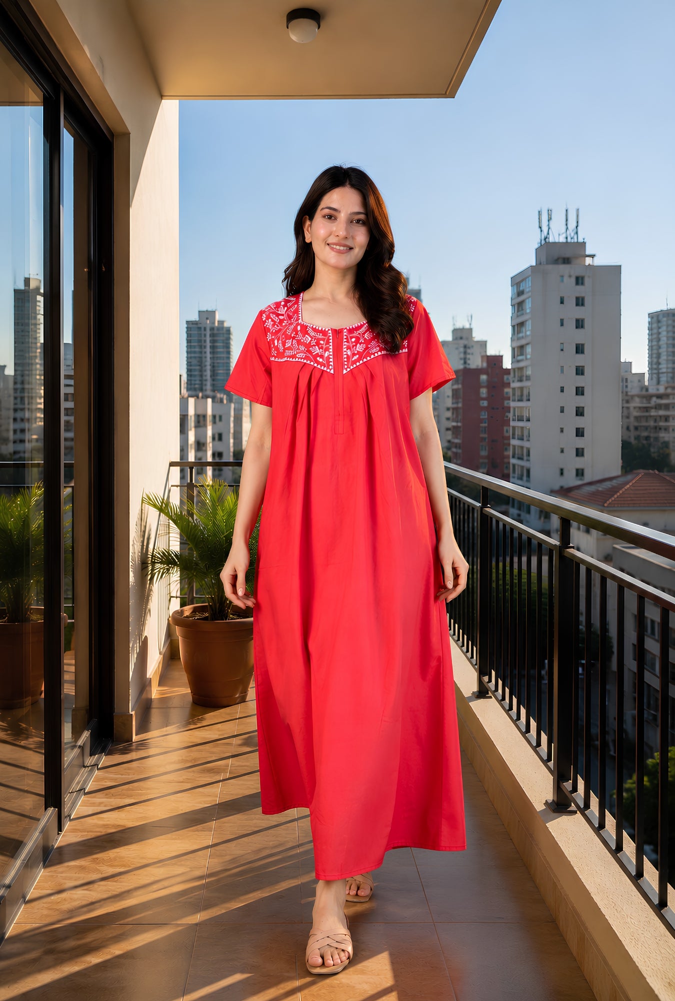 Crimson Bloom Red Embroidery Yoke Cotton Night Gown