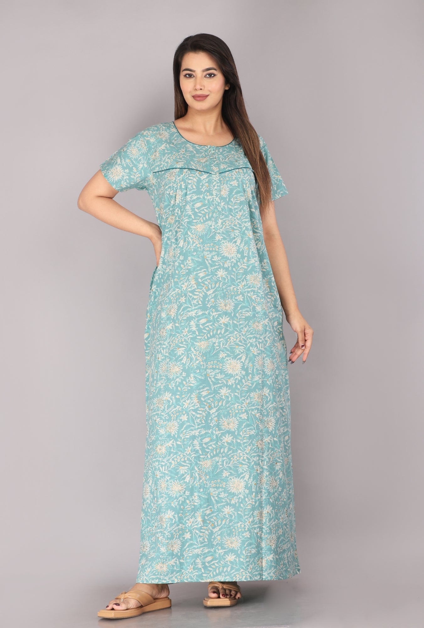 Berries Sea Green Cotton Printed Nightwear Gowns