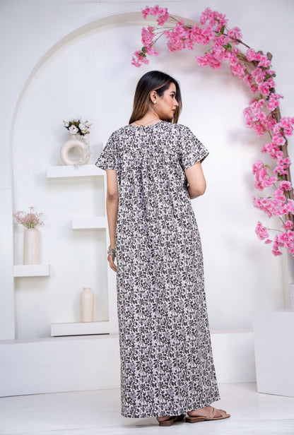 Batik Flower Grey Cotton Printed Nightwear Gowns