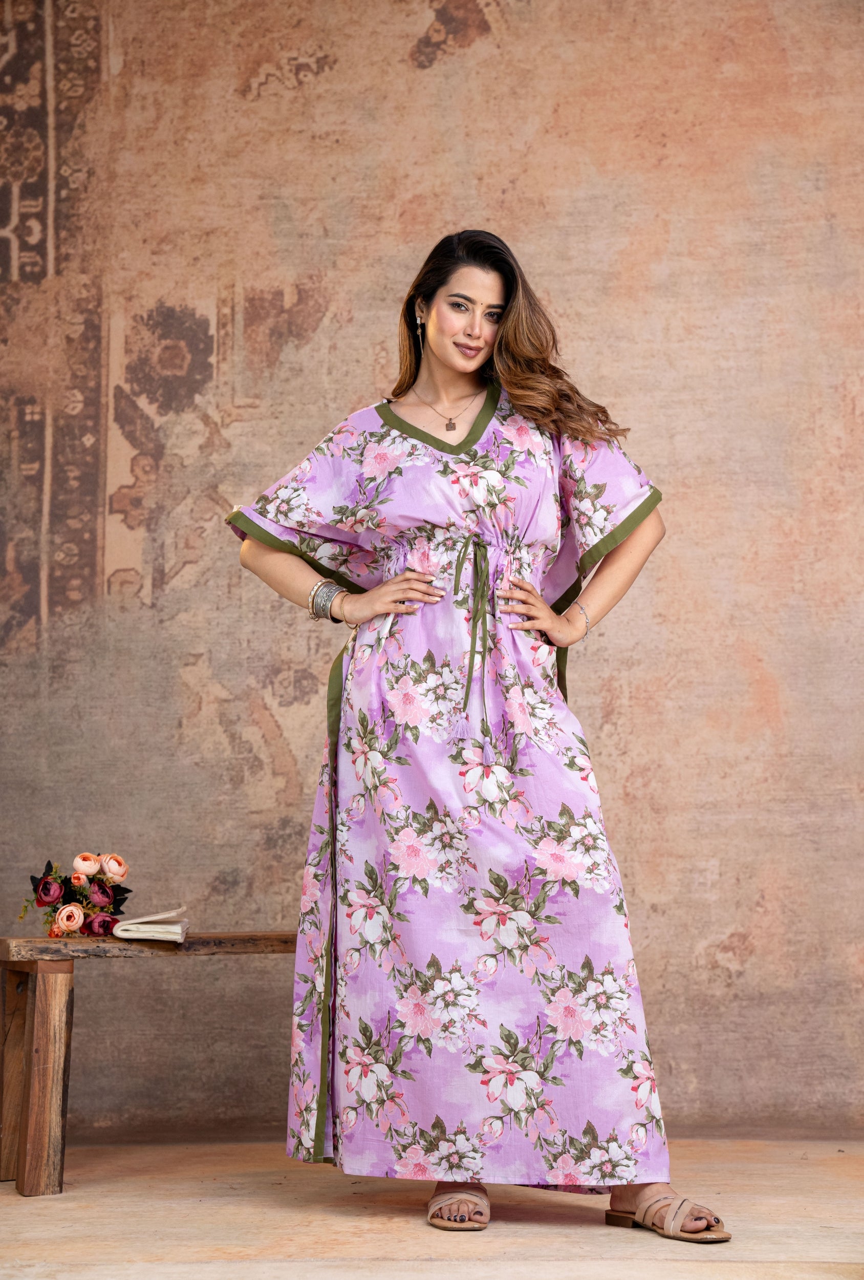 Blossom Flower Purple Loungewear Cotton Kaftan