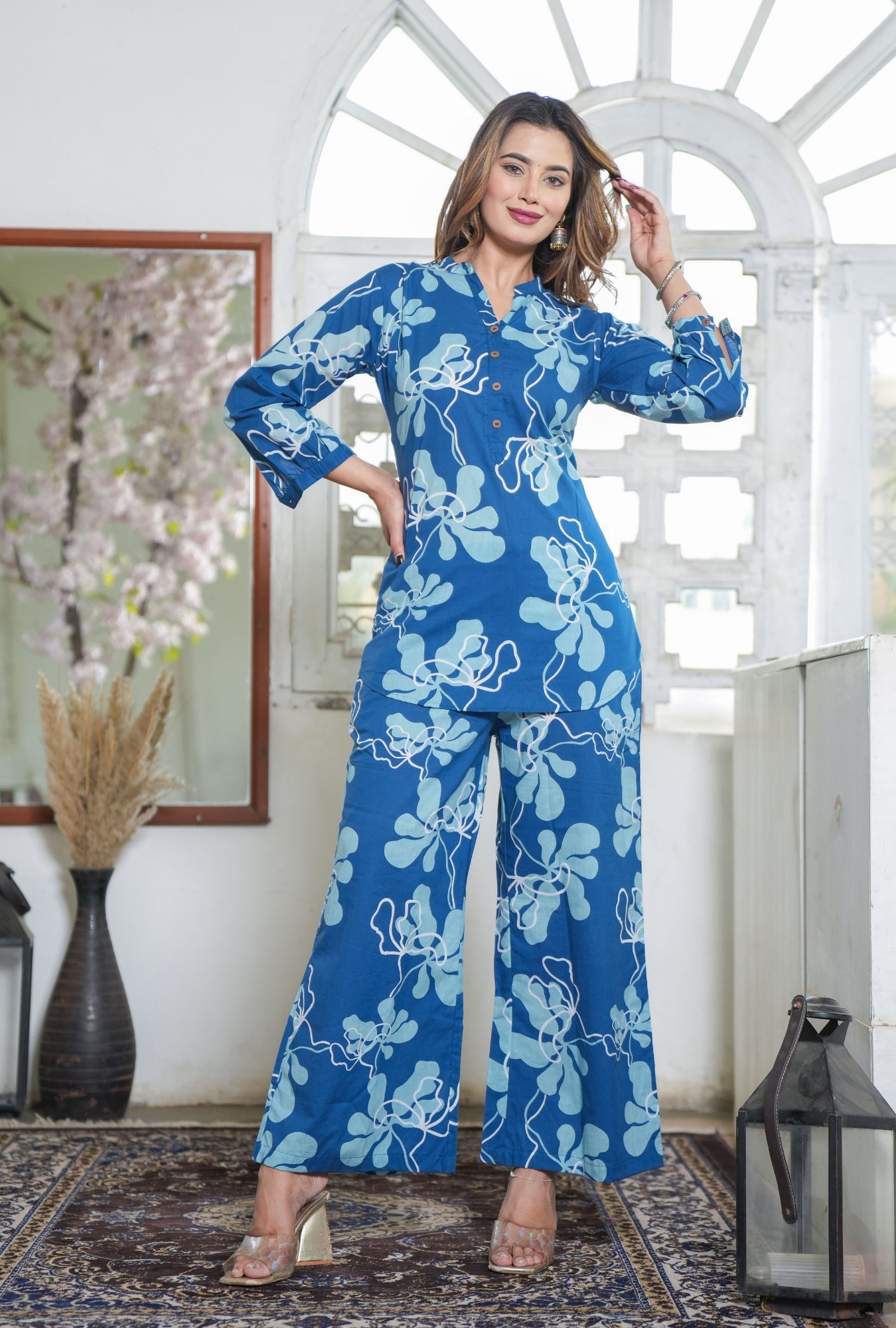 GeoLuxe Sky Blue Printed Cotton Co-ords Set