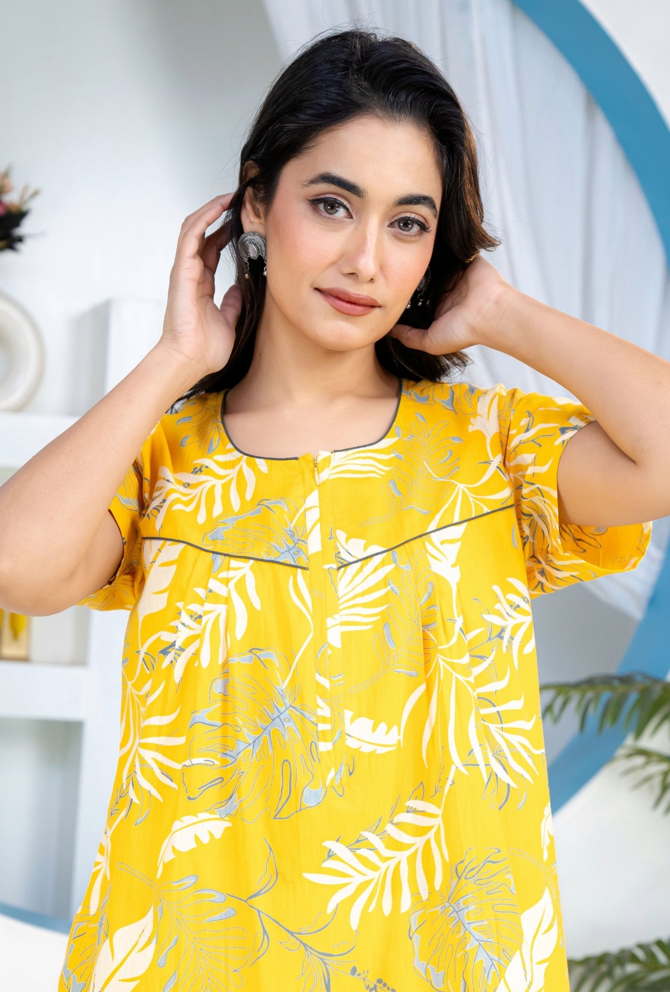 Plum Leaf Yellow Cotton Printed Nightwear Gowns
