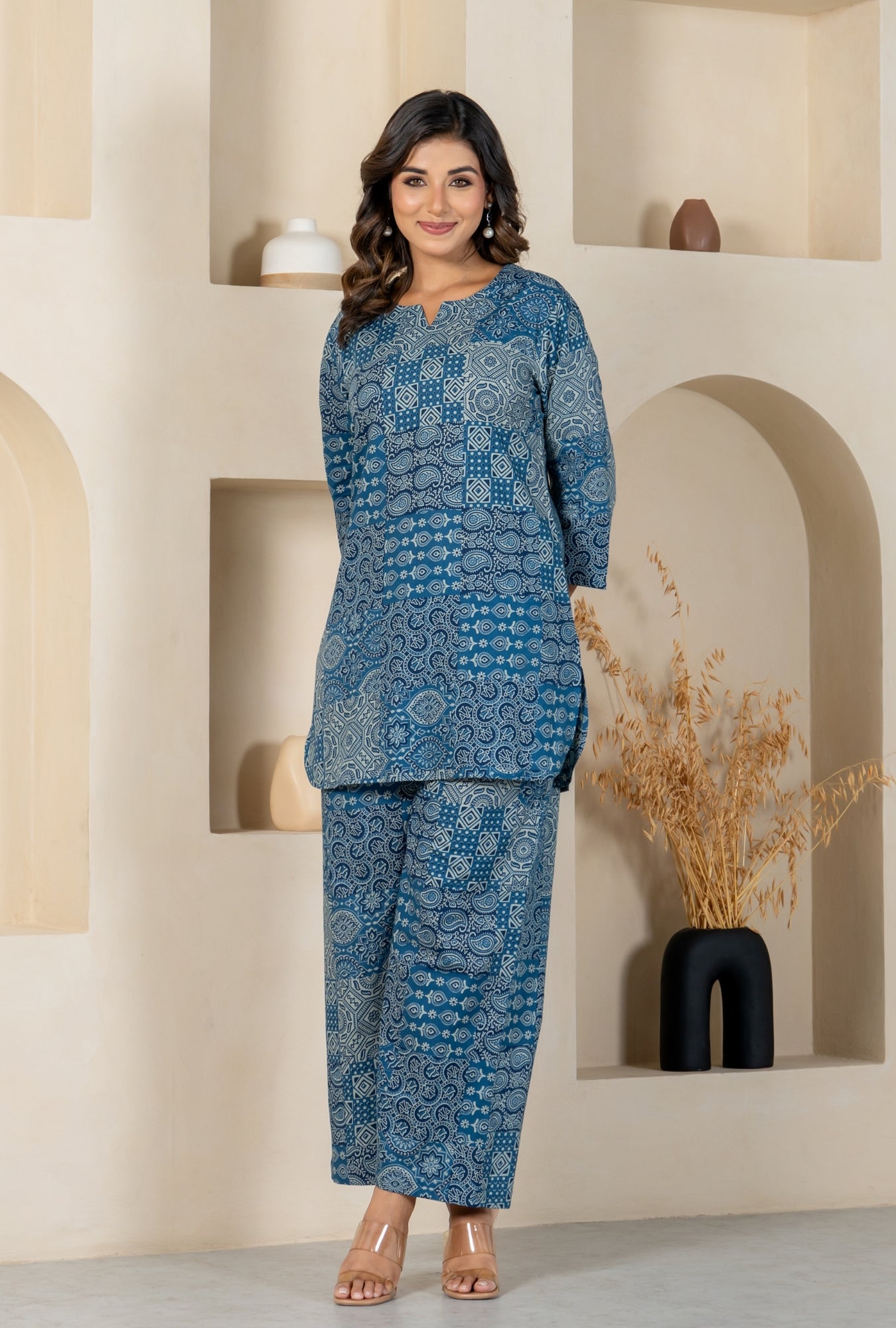 Blue Patchwork print Cotton Loungewear set