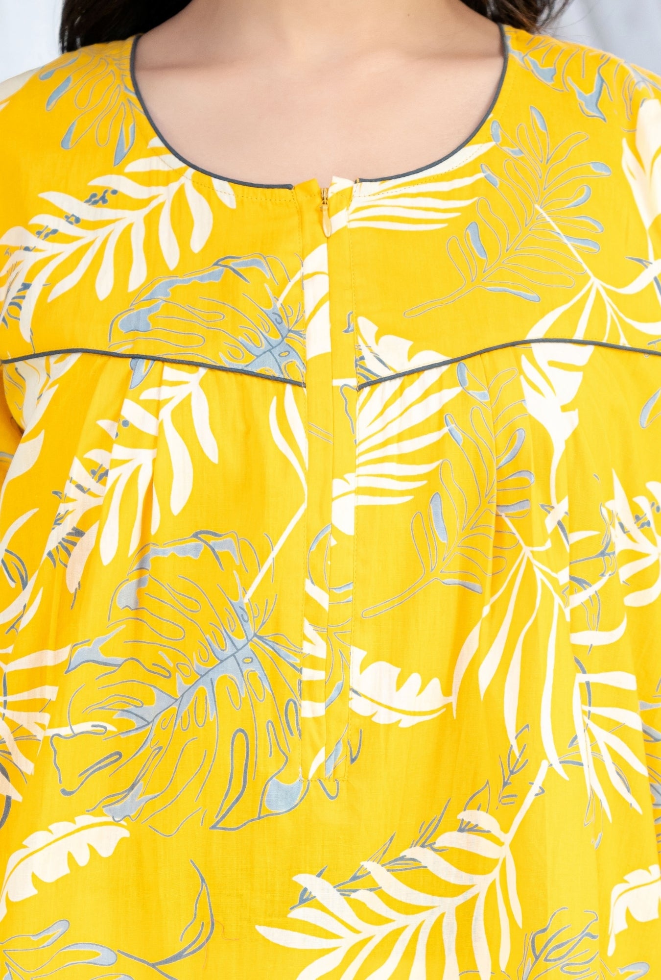 Plum Leaf Yellow Cotton Printed Nightwear Gowns