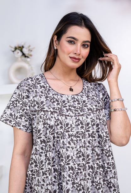 Batik Flower Grey Cotton Printed Nightwear Gowns