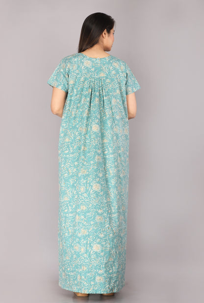 Berries Sea Green Cotton Printed Nightwear Gowns