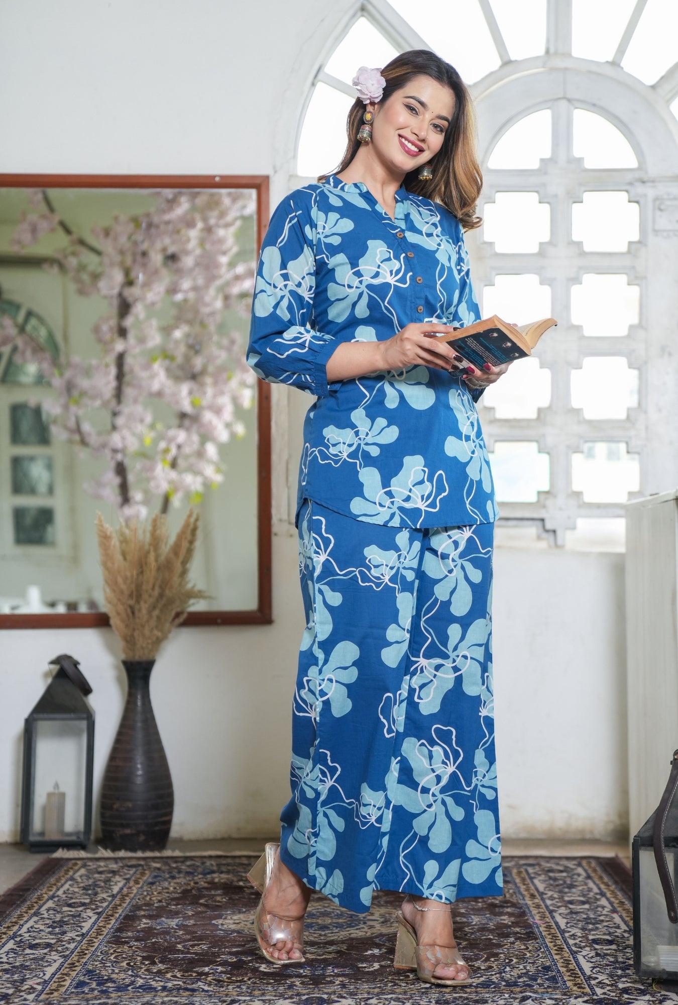 GeoLuxe Sky Blue Printed Cotton Co-ords Set