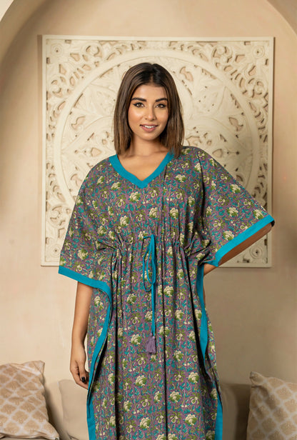 Serene Pattern Purple Cotton Loungewear Kaftan