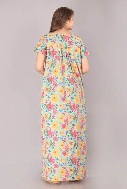 Marine Sea Green Cotton Printed Nightwear Gowns